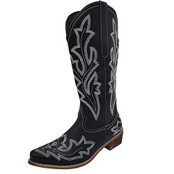 Bravetoshop Women's Riding Cowgirl Western Knee High Boots Chunky Heel Embroidered Vintage Knee High Boots Black 8.5