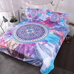 Blessliving Psychedelic Bedding Mandala Feathers Bed Set Pink Blue Purple Colored Hippy Duvet Cover Bedclothes Queen