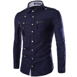 Men's Slim Multi Zipper Shirt - Navy Blue L M XL XXL