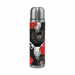 Deyya Deer Skull And Red Poppies Stainless Steel Coffee Thermos Vacuum Double Wall Insulated Compact Beverage Bottle 17OZ 500ML