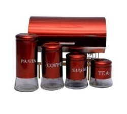 Bread Bin With Tea Coffee Sugar & Pasta 5 Piece Canister Set - Red