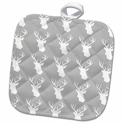 3DROSE 3D Rose White Deer Head Pattern On Grey. Stag With Antlers On Gray Silver Pot Holder 8 X 8 Multiple Color