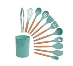 12 Set Of Wooden Handle Silicone Kitchen Utensil Tools - Blue