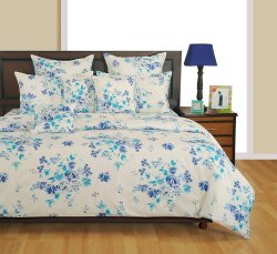 Yuga 3 Piece Set Of Off White & Blue Queen Size Cotton Bed Sheet With Pillow Covers YU-BD-1342-6