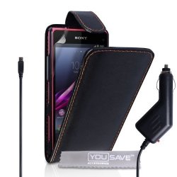 Yousave Accessories Sony Xperia Z1 Compact Case Black Pu Leather Flip Cover With Car Charger
