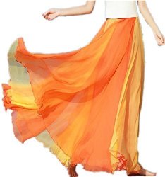 Mullsan Women Retro Vintage Double Layer Chiffon Pleat Maxi Long Skirt Dress Orange 6 8 Orange