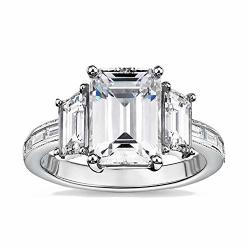 Samie Collection Emerald Cut Cz & Baguette Cubic Zirconia 3 Stone Engagement Rings For Women Wedding Ring Band In White Gold Plating Size 5-10