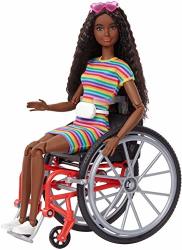 Barbie Fashionistas Doll 166 With Wheelchair & Crimped Brunette Hair Wearing Rainbow-striped Dress White Sneakers Sunglasses & Fanny Pack Toy For Kids 3 To 8 Years Old