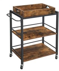 Rustic Industrial Serving Cart & Tray With Wheels & Handle