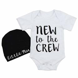 Newborn Baby Boy Clothes New To The Crew Letter Print Romper + Hat 2PCS Outfits Set 9-12 Months White