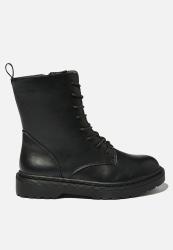 Cotton On Freda Combat Lace Up Boot - Black Smooth