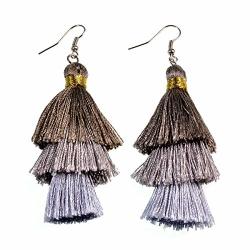 Ad Beads Fashion Silk Tassel 3 Layers Multiple Colored Ombre Bohemian Fan Fringe Dangle Earrings 24 Coffee-champagne-gray