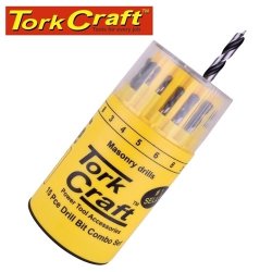 Tork Craft Drill Bit 15PC Set Combo Wood + Masonry + Hss In Plastic Container NR08015