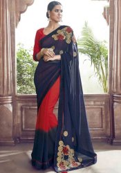 Red & Deep Blue Georgette Saree Local Stock
