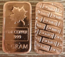 Maple Canada 1 Gram Fine Copper Bar Ingot