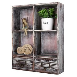 Dark Brown MyGift Rustic Torched Wood Wall Mounted Shadow Box w/Cubby Shelving 2 Drawers and Label Holders