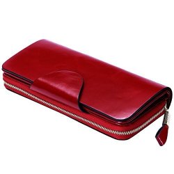 Itslife Large Luxury Women's Rfid Blocking Tri-fold Leather Wallet Zipper Ladies Clutch Purse Red