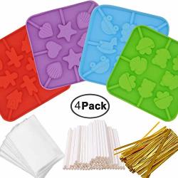 Ihuixinhe Silicone Lollipop Molds 4PACK 8-CAPACITY Chocolate Hard Candy Mold With 80PCS 4 Inch Lollipop Sucker Sticks 50PCS Candy Treat Bags 100PCS Gold Ties