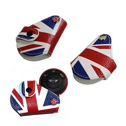 Ijdmtoy 1 Red Blue Union Jack UK Flag Style Real Leather Key Fob Cover Holder For 2008-UP MINI Cooper R55 R56 R57 R58 R59