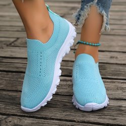 Women's Solid Color Breathable Sneakers Soft Sole Lightweight Slip On Walking Shoes Low-top Knitted Casual Shoes