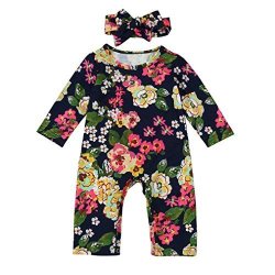 Sunbona Toddler Baby Boys Girls Floral Printed Long Sleeve Pajamas Romper Jumpsuit Headban Outfits Clothes 6 9MONTHS Navy