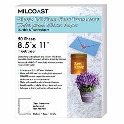 Milcoast Glossy Full Sheet 8.5" X 11" Clear Translucent Waterproof Adhesive Sticker Paper Labels - 50 Sheets