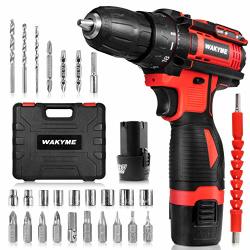 Cordless Drill Driver Kit With 2 Batteries Wakyme 12.6V Power Drill 30NM 18+3 Clutch 3 8" Keyless Chuck Variable Speed & Built-in LED Electric Screw