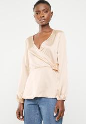 Missguided Long Sleeve Wrap Side Satin Blouse - Neutral