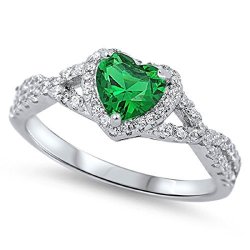 Blue Apple Co. Halo Infinity Shank Heart Promise Ring Simulated Green Emerald Round Cz 925 Sterling Silver SIZE-7