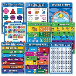 Spanish Toddler Learning Poster Kit - 9 Educational Preschool Charts Abc - Alphabet Numbers 1-10 Shapes Colors Numbers 1-100 Days Of The Week Months