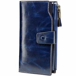 ITSLIFE Women's Large Capacity Luxury Wax Genuine Leather Cluth Wallet Card Holder Ladies Purse Dark Blue
