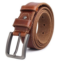 Full Grain Leather Jeans Belts Classic Genuine Leather Quality Designer Belt For Men Calfskin Strap With Silver Polished Frame-style Buckle Brown 37 Fit Waist 36-38