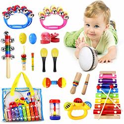 Kids Musical Instruments Shinepick Musical Instruments Toys Set For Toddler 20PCS Wooden Percussion Instruments Tambourine Maracas Harmonica For Boys & Girls With Carry Bag