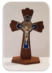 11CM Wooden Standing Crucifix St Benedict With Blue Inlay