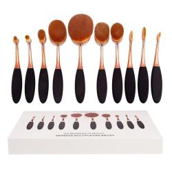 Oval Makeup Brush Set By Nordic Beauty - Rose Gold & Black - 10 Piece