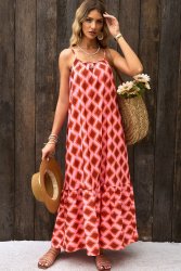 Red Geometric Print Loose Fit Sleeveless Maxi Dress - XL SA40 UK16