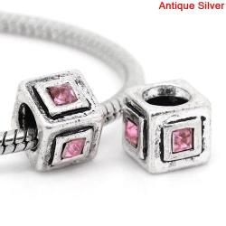 European Style - Antique Silver - Cube - Charm Beads - Pink Rhinestone - 11 X11mm