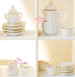 Barbie Miniature 15-pcs Dollhouse Miniature Porcelain Tea Coffee Set White-gold