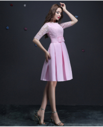 Gorgeous Pink Lace Half Sleeved Short Evening Dress