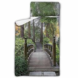 Apartment Decor Collection Camping Mattress Foggy Morning Wooden Bridge At Japanese Garden With Various Types Of Trees In Autumn Suitable For Preschool Children 43"X21"