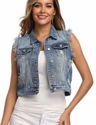 Peiqi Sleeveless Denim Jacket For Women Button Up Cropped Lapel Frayed Washed Ripped Jean Vest Pockets Light Blue L