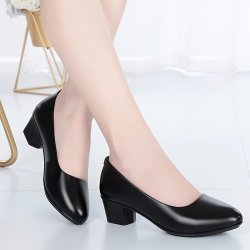 Women's Classic Black Pumps - Solid Color Comfort Mid Heel Block Shoes All-season Versatile Plain Toe Work Footwear With Man-made Upper Lining & Insole