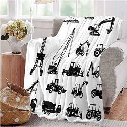 Construction Travel Blanket Black Silhouettes Concrete Mixer Machines Industrial Set Trucks Tractors Baby Small Fleece Blanket 50X60 Inch Black White Throw Size