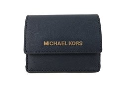 Michael Kors Jet Travel Leather Credit Card Case Id Key Holder Wallet In Navy