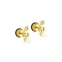 A-hha Men Earrings Fashion Music Note Stainless Steel Stud Gold