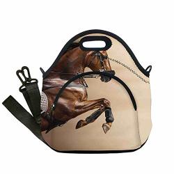 Insulated Lunch Bag Neoprene Lunch Tote Bags Horses Chestnut Color Horse Jumping In Hackamore Life Force Power Honor Love Sign Print Brown Cream For