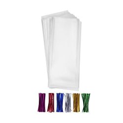 200 Clear Treat Favor Bags 3X11 With Twist Ties 6 Mix Colors - 1.4MILS Thickness Opp Plastic Bags 3" X 11"