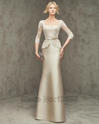 Satin And Lace Three Quarter Sleeves Champagne Mother Of The Bride Dresses
