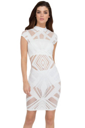 Women's White Sheer Mesh Patchwork Bodycon Dress Formal Cocktail Party Night Club Evening Wear