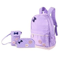 KIDS Mogor Dot School Backpack Book Bag Handbag Purse 3PCS Light Purple